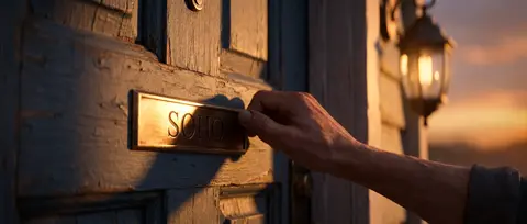 A human hand reaches out to knock on a weathered, slate-blue wooden door, castin - AI生成图片 1