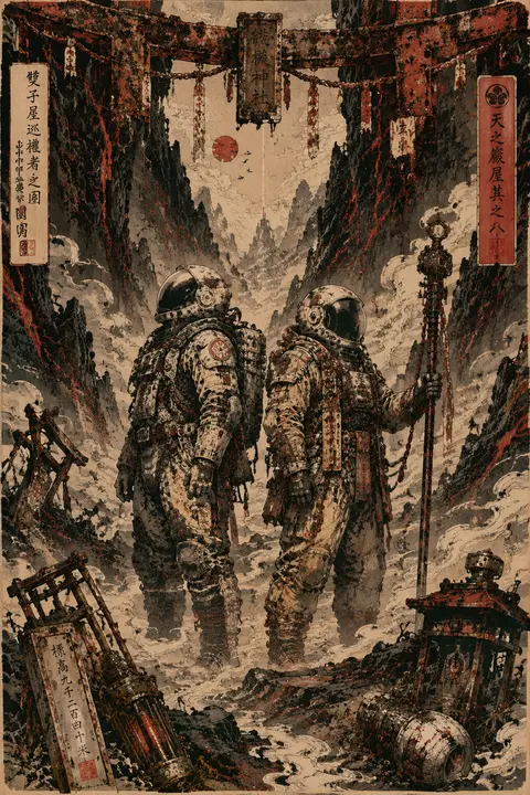 twin astronaut explorers rendered as an epic ukiyo-e woodblock print, full-body - AI生成图片 1