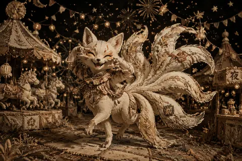 A jubilant nine-tailed fox spirit prancing through a midnight carnival, its tail - AI生成图片 3