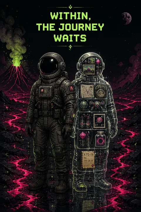 9:16 vertical poster, twin astronaut explorers standing shoulder to shoulder in - AI生成图片 1
