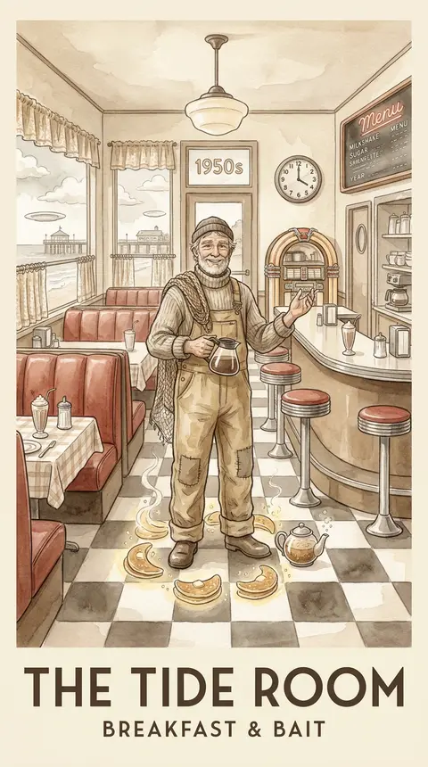 竖版水彩故事书插画，一张虚构小镇餐馆宣传画，四周宽阔奶油色留白与优雅排版；画面中央是一家1950年代风格的海边公路 diner 内景被奇想化改造成“潮汐早餐剧场 - AI生成图片 2