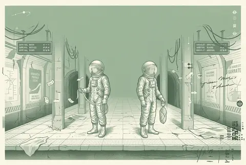 Vertical risograph two-tone print poster, twin astronaut explorers standing apar - AI生成图片 4