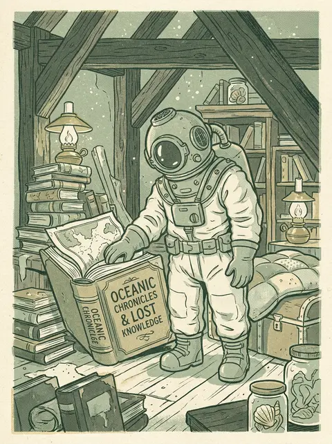 an atmospheric risograph two-tone print of a deep-sea diver pausing in a cozy cl - AI生成图片 1