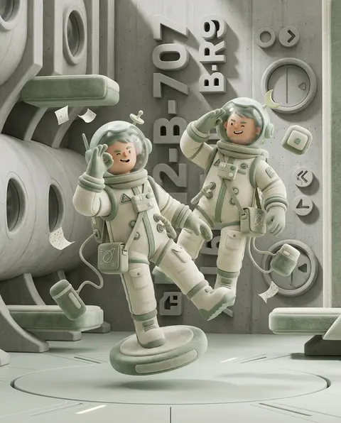 Two twin astronaut explorers with asymmetrical bobble-helmet silhouettes drift i - AI生成图片 1