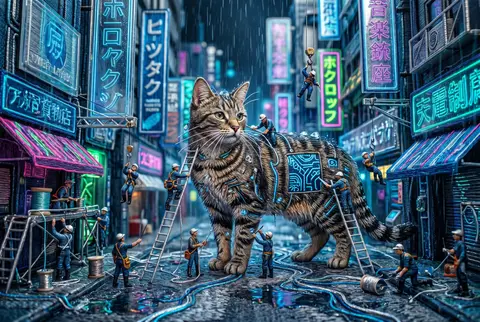 A bustling tea-house cat poised beneath towering holographic signboards in a rai - AI生成图片 1