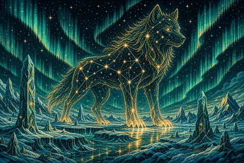 A monumental 16-bit pixel art scene of a colossal wolf formed entirely from star - AI生成图片 2