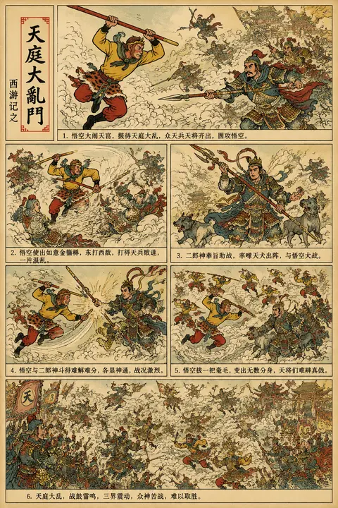 请以传统中国连环画/小人书的风格绘制《西游记》中的“天庭大乱斗”。运用经典的墨线技法，以黑色勾勒轮廓并采用传统着色，描绘孙悟空与天庭大侠激战的动感场景。保持原汁 - AI生成图片 1