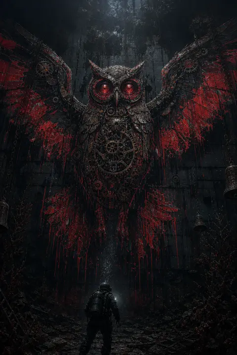 A towering clockwork owl forged from molten glass hovers in the pressure-dark fl - AI生成图片 2