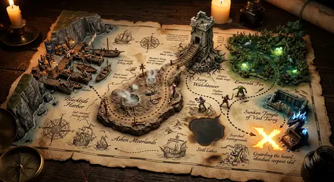 An exquisitely hand-illustrated treasure map sprawled across weathered parchment - AI生成图片 3