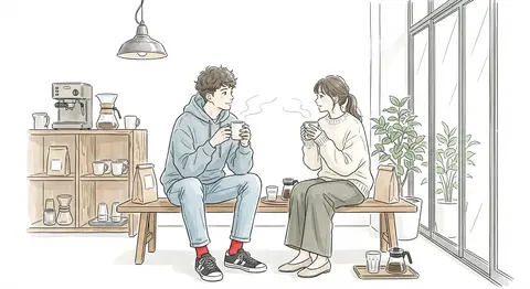 极简日系手绘插画风，大片白色留白背景，淡雅安静的咖啡馆室内一隅，以黑色细线随性勾勒，像速写结合轻薄水彩晕染；整体气质温柔、宁静、生活化，带有清新治愈的日常漫画插 - AI生成图片 4