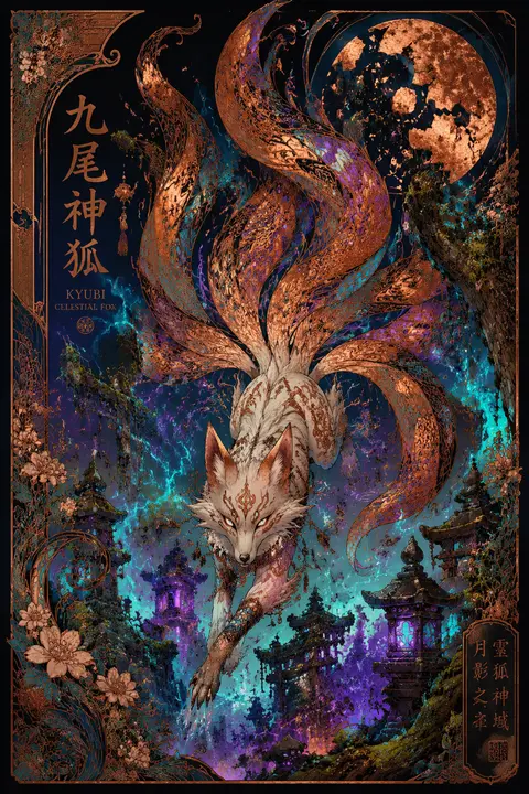 A chaotic, energetic art nouveau poster of a mythical nine-tailed fox spirit lea - AI生成图片 1