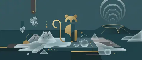 茶舍猫独坐于火山荒原中央，一枚小巧身影被重构为包豪斯几何海报式图形：圆弧耳、矩形躯干、细长尾巴化作优雅的金色曲线；四周不是自然地貌，而是由霜雾磨砂水晶构成的熔岩 - AI生成图片 2
