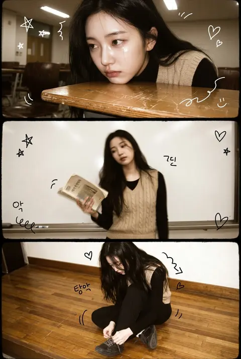 A vertical 3-panel college-era photo strip featuring Yuna Seorim, a long-haired - AI生成图片 2
