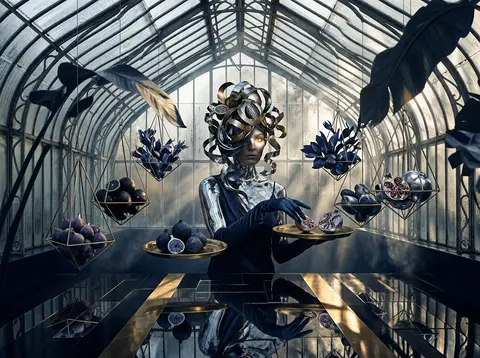 Surrealist photo collage of an enigmatic fruit vendor with mirrored chrome skin - AI生成图片 3