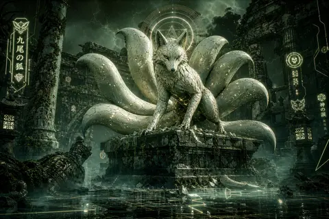 A mythical nine-tailed fox spirit poised atop a fractured stone altar in ancient - AI生成图片 1