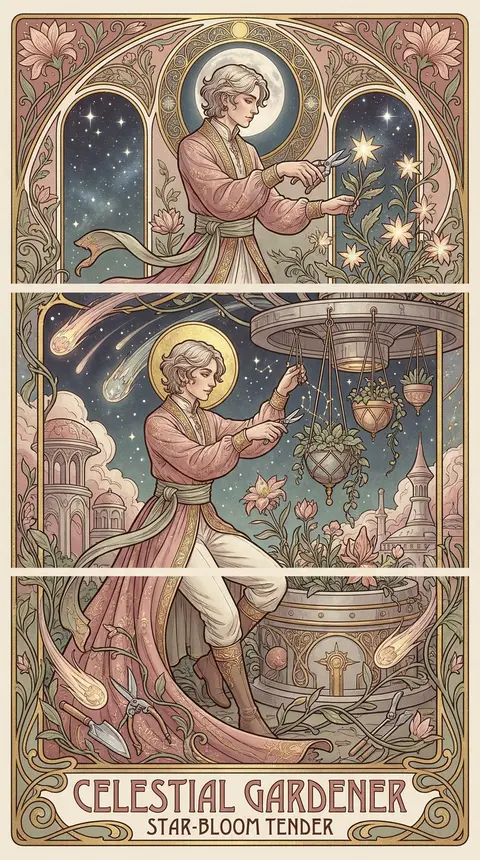Vertical 3-panel collage, 9:16, art nouveau poster of a celestial gardener tendi - AI生成图片 3