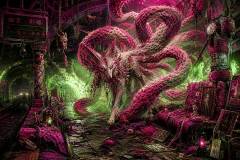 A feral nine-tailed fox spirit explodes across an abandoned subway platform tran - AI生成图片 2