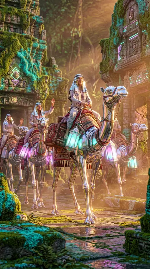 A sun-washed caravan of chrome-framed camels and woven saddlebags glides through - AI生成图片 2