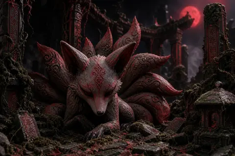 An intimate, quiet claymation stop-motion scene of a mythical nine-tailed fox sp - AI生成图片 1