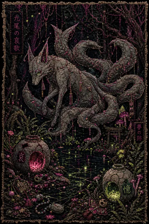 A sorrowful nine-tailed fox spirit drifts through a bioluminescent night forest, - AI生成图片 2
