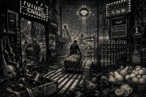 At midnight inside a labyrinthine carnival built from rusted iron scaffolds and - AI生成图片 1