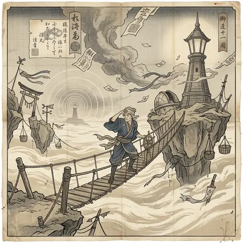 A tense cinematic ukiyo-e woodblock print of a solitary lighthouse keeper on dri - AI生成图片 2