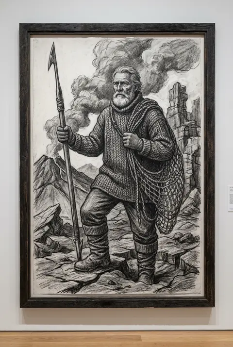 A monumental charcoal-sketch tableau of an elderly fisherman standing full-lengt - AI生成图片 1
