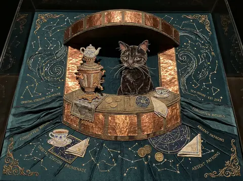 A solitary tea-house cat with long whiskers and slightly ragged velvet ears sits - AI生成图片 2