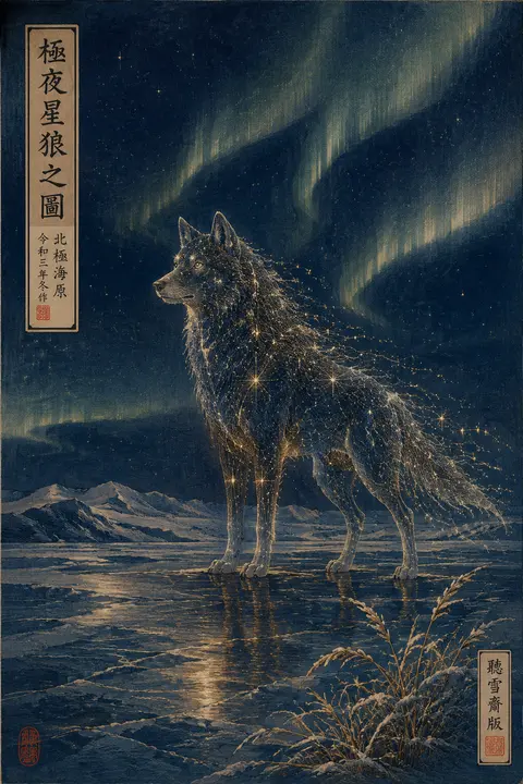 夜幕下的极地海原，一匹由星座与微光编织而成的孤狼立于冰封苔原，头顶极光如静默绸带缓缓流淌；画面以浮世绘木版画呈现，层层木纹与平涂颗粒并置，午夜海军蓝与黄铜金为主 - AI生成图片 1