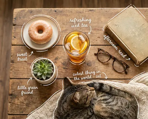 Top-down flat lay on a rustic wooden table, cozy aesthetic, soft natural light. - AI生成图片 1