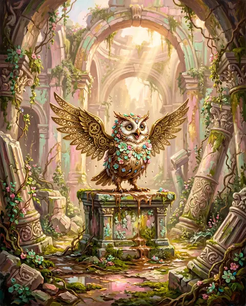 A jubilant clockwork owl with filigreed brass wings perches atop a crumbling alt - AI生成图片 2