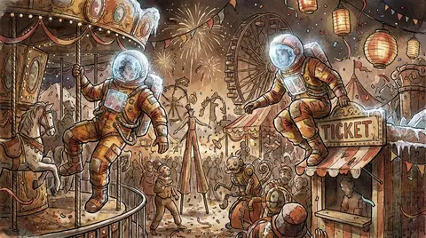 At midnight beneath a sprawling carnival of crooked ferris wheels and ribbon-lit - AI生成图片 3
