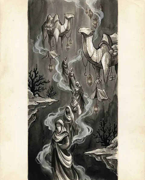 A dreamlike caravan of veiled desert wanderers descending through a vast oceanic - AI生成图片 3