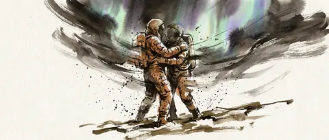 Twin astronaut explorers striding through a frozen tundra beneath rippling auror - AI生成图片 1