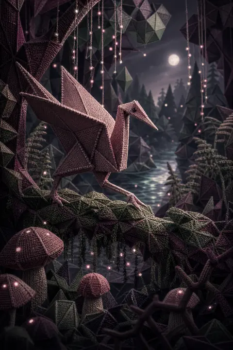 an origami paper crane come alive, poised mid-step on a mossy root bridge inside - AI生成图片 2