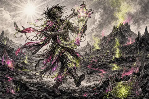 A jubilant wandering street musician crossing a sun-blasted volcanic wasteland, - AI生成图片 1