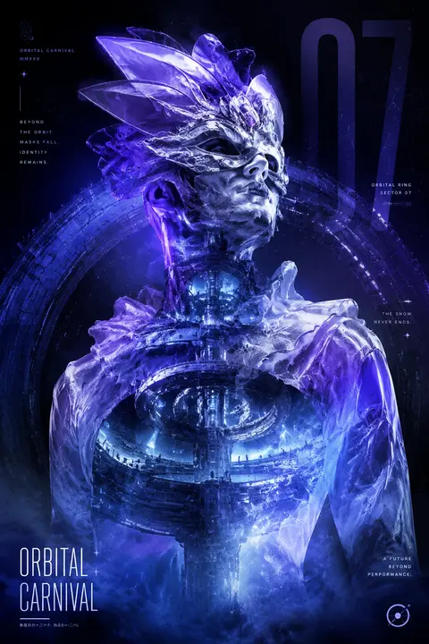一张震撼感十足的纵向未来主义艺术海报：中央主体是一位佩戴华丽面具的狂欢节杂技演员，上半身从画面中部拔地而起，身姿挺拔如纪念碑，头部微扬，凝视遥远舷窗之外；面具轮 - AI生成图片 2