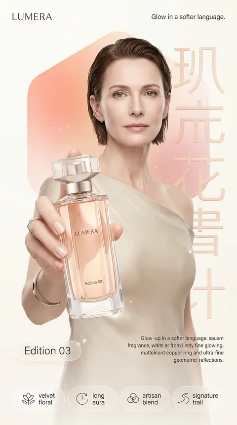 一张精品香氛新品视觉海报，现代雅致且克制，纵向画幅，大面积暖象牙白空间中悬置一块雾感珊瑚杏与珍珠粉过渡的几何色面，整体气息轻盈、洁净、柔润，主色围绕乳霜白、淡金 - AI生成图片 2