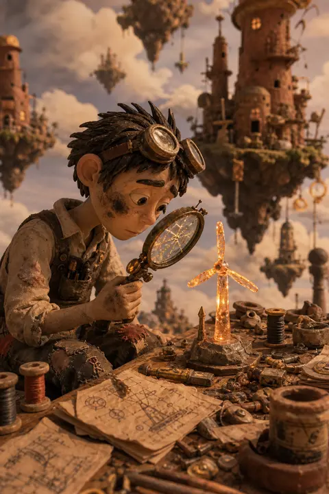 A wistful claymation stop-motion scene of a young tinkering inventor perched on - AI生成图片 2