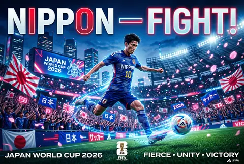 Futuristic fan poster, Japan World Cup 2026, midfielder performing precise pass - AI生成图片 1