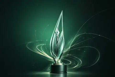 一张备受推崇的数字艺术奖杯封面主视觉，核心主体是一座名为“Lumina Arc Trophy”的风格化抽象发光奖杯，将极简现代的触控笔轮廓与优雅修长的晶体杯身结 - AI生成图片 3