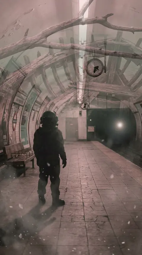 double-exposure photography of a deep-sea diver standing alone on an abandoned s - AI生成图片 1