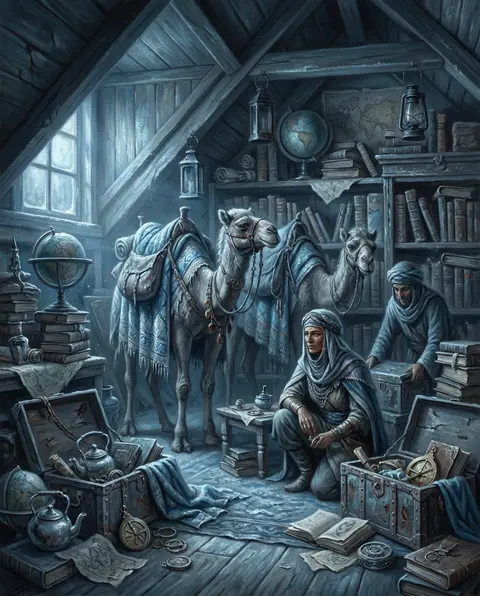 A solemn desert nomad caravan pauses inside a cozy, overfilled attic library ben - AI生成图片 2
