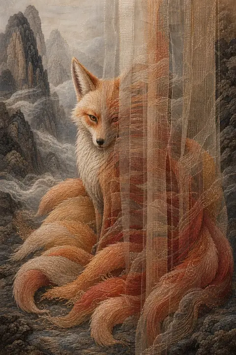 An intimate embroidered textile tableau of a mythical nine-tailed fox spirit pau - AI生成图片 1