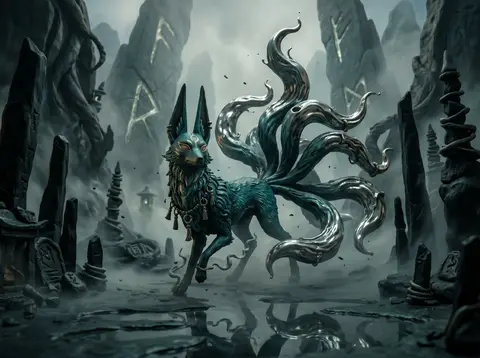 A mysterious claymation stop-motion poster of a mythical nine-tailed fox spirit - AI生成图片 2