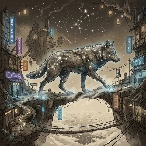 A melancholic cyberpunk neon illustration on floating sky islands, with a wolf f - AI生成图片 3