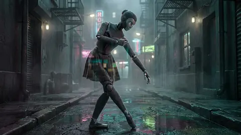An intimate, quiet double-exposure portrait of a robotic ballet dancer paused in - AI生成图片 2