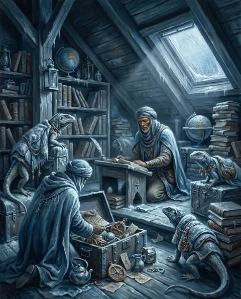A solemn desert nomad caravan pauses inside a cozy, overfilled attic library ben - AI生成图片 1