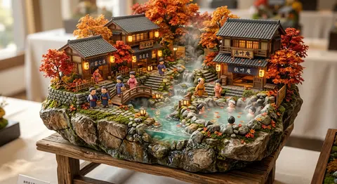 一个博物馆典藏级的超精致微缩世界场景：日式秋季露天温泉村被完整打造在一块厚实、自然断裂感强烈的不规则岩石基座之上，基座下方由细致木质承托脚稳稳支撑，仿佛顶级匠人 - AI生成图片 1