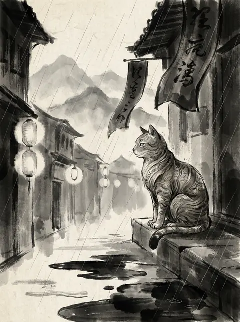 tea-house cat poised like a sovereign relic in a rain-soaked back alley, monumen - AI生成图片 2